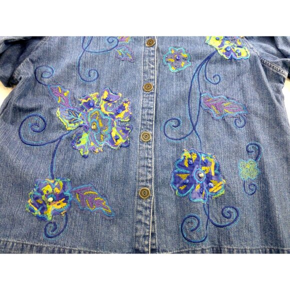 VTG Tantrums Womens Embroidered Denim Jacket XL Button-Up Floral Design - Picture 6 of 13